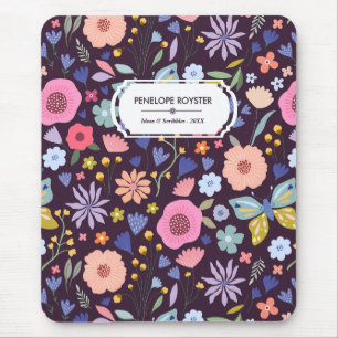 Pastels & Dark Plum Floral Pattern Name Mouse Pad