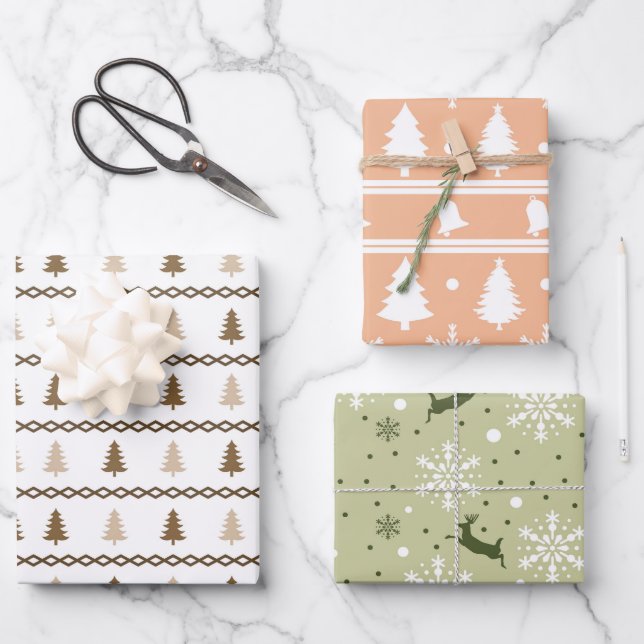 Pastels Green white Christmas Tree Snowflakes Set Wrapping Paper Sheets (Front)
