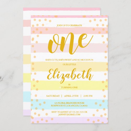 Pastels Pink Stripes Dot Watercolor Girls Birthday Invitation