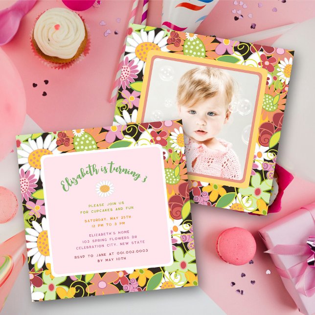 Pastels Spring Flowers Photo Girl's Birthday Party Invitation (Pink Pastels Spring Flowers Garden Sweet & Chic Girl's Birthday Party Photo Invitation @ fat_fa_tin)