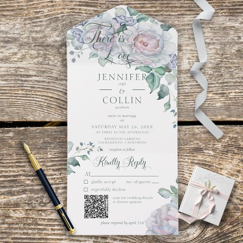 Pastels  White Peonies Floral White QR Code All In One Invitation