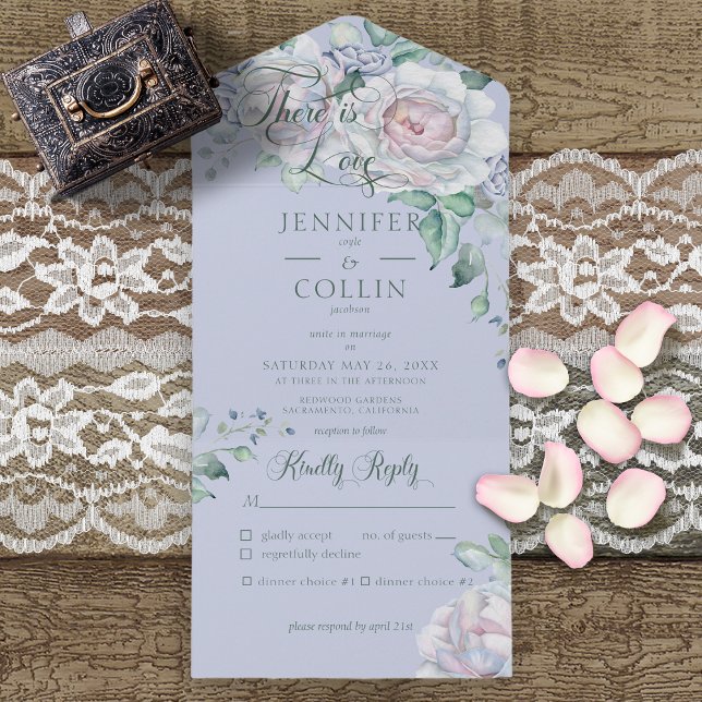 Pastels & White Peonies Periwinkle Floral Dinner All In One Invitation (Creator Uploaded)
