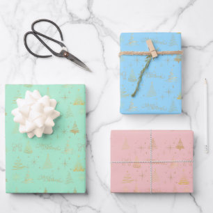 Pastels with Elegant Gold Christmas Tree Doodles Wrapping Paper Sheets