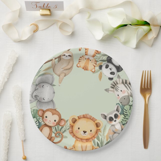 PastelTropical Wild One Jungle Safari Animals  Paper Plates (Wedding)