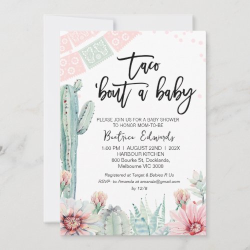 Pastle Pink Green Fiesta Themed Baby Shower Invitation