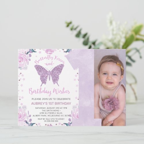 Pastle Purple Glitter Photo Butterfly 1st Birthday Invitation
