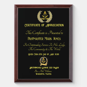 Pastmaster Certificate of appreciation  Award Plaque