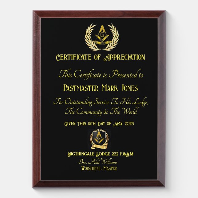 Pastmaster Certificate of appreciation  Award Plaque (Vertical)