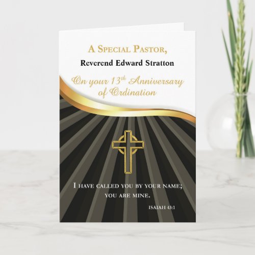 Pastor 13 Year Ordination Anniversary Black Gold  Card