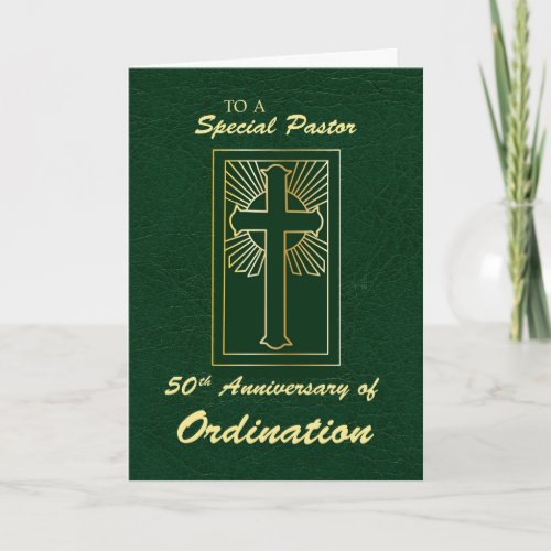 Pastor 50th Anniversary of Ordination Green Leathe Card