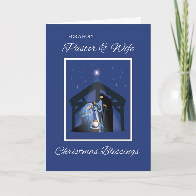 Pastor and Wife Christmas Blessings Manger on Blue Card (Front)
