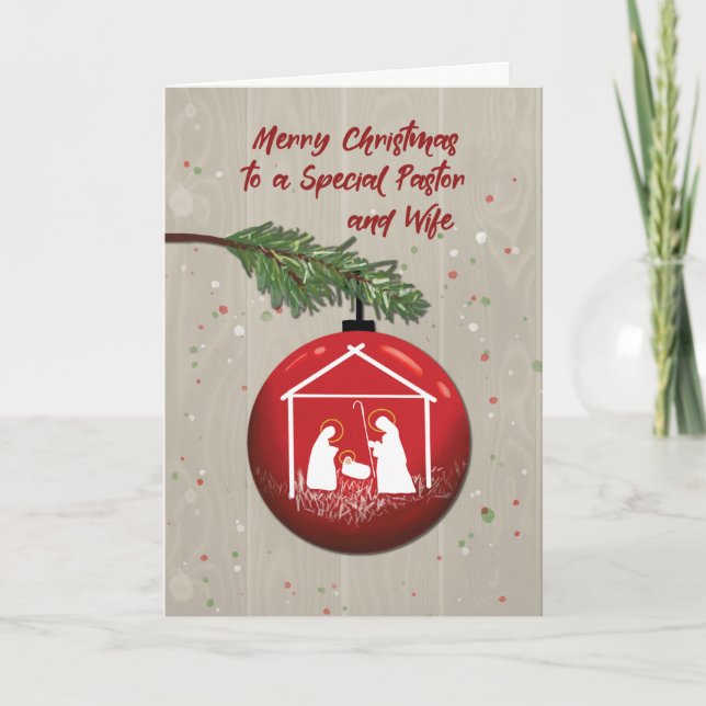 Pastor and Wife Christmas Ornament with Manger Card (Front)