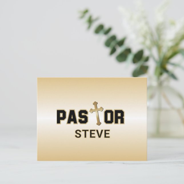 Pastor Black Gold Cross Personalized  Postcard (Standing Front)