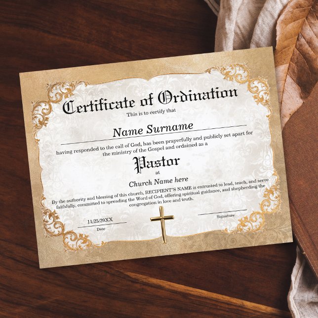Pastor Church Certificate of Ordination (pastor ordination certificate with golden frame with swirls)