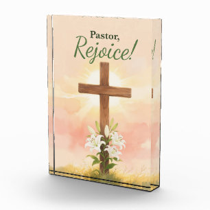 Pastor Easter Rejoice Cross and Lilies Religious Acrylic Award