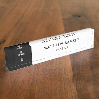 Pastor Modern Minimal Cross Black and White Church Desk Name Plate
