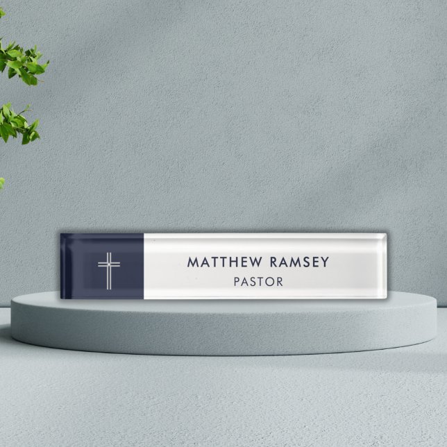 Pastor Modern Minimal Cross Navy White Church Desk Name Plate (Creator Uploaded)