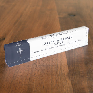 Pastor Modern Minimal Cross Scripture Navy Desk Name Plate