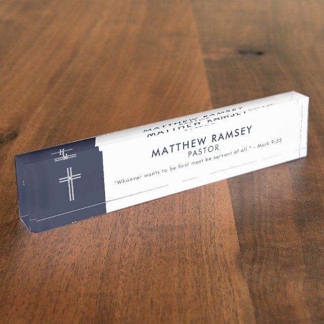 Pastor Modern Minimal Cross Scripture Navy  Desk Name Plate (Side)