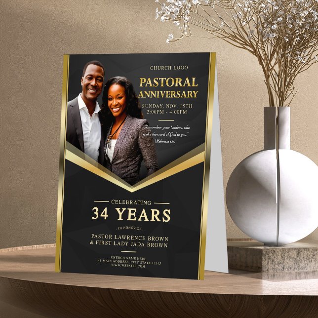Pastoral Anniversary Black & Gold Frame Church  Table Tent (Creator Uploaded)