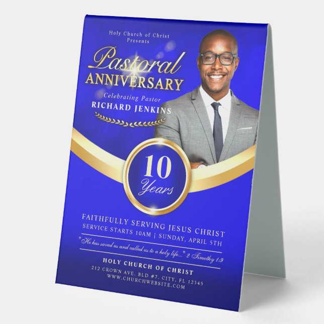 Pastoral Anniversary Blue & Gold Church Event Table Tent (Front)