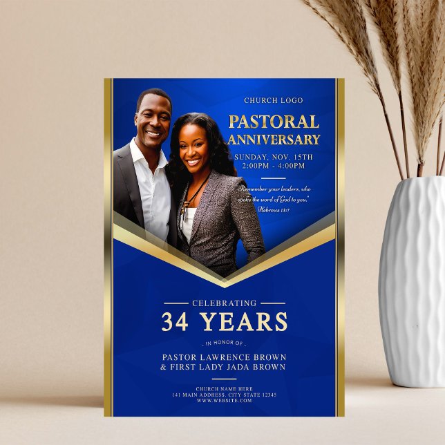 Pastoral Anniversary Blue & Gold Frame Church  Flyer (Creator Uploaded)