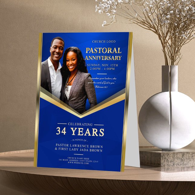 Pastoral Anniversary Blue & Gold Frame Church  Table Tent (Creator Uploaded)