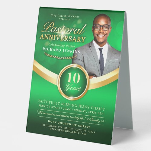 Pastoral Anniversary Green  Gold Church Event Table Tent Sign