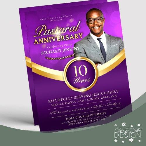 Pastoral Anniversary Purple  Gold Church Event Flyer