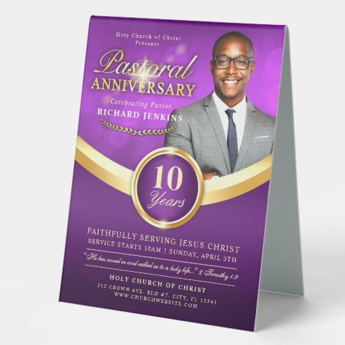 Pastoral Anniversary Purple  Gold Church Event Table Tent Sign