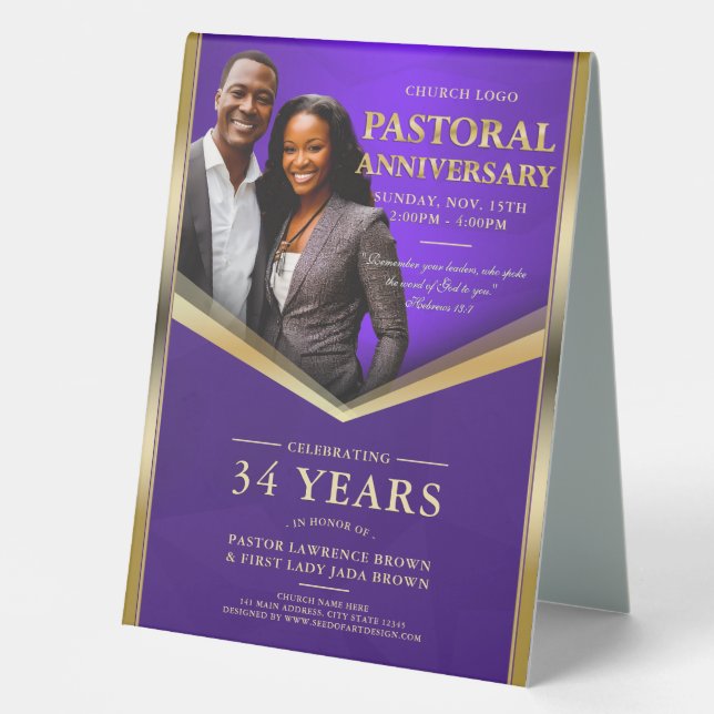 Pastoral Anniversary Purple & Gold Frame Church  Table Tent (Front)