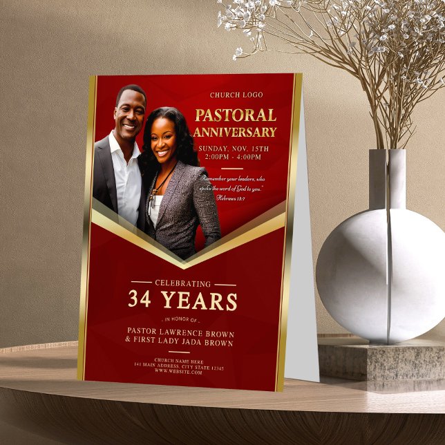 Pastoral Anniversary Red & Gold Frame Church  Table Tent (Creator Uploaded)
