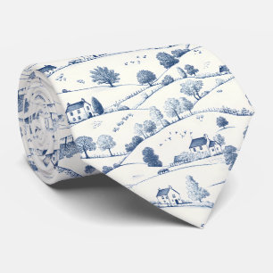 Pastoral Blue Toile Landscape Classic French Neck Tie