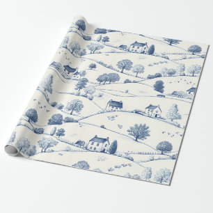 Pastoral Blue Toile Landscape Classic French Wrapping Paper