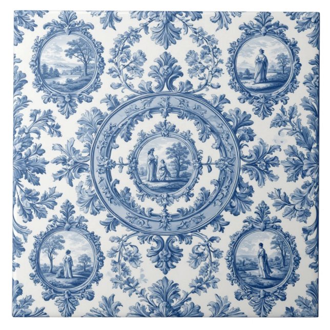 Pastoral Countryside Rural Folks French Toile Blue Ceramic Tile (Front)