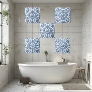 Pastoral Countryside Rural Folks French Toile Blue Ceramic Tile
