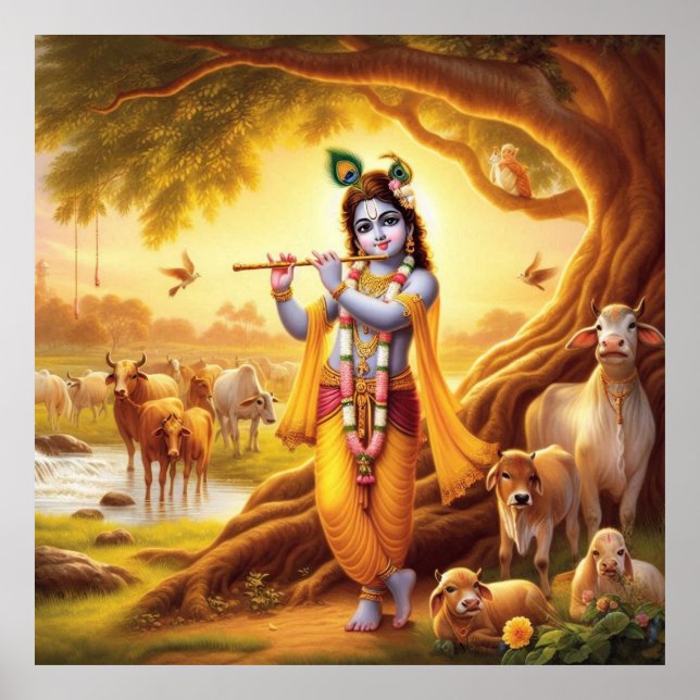 Pastoral Golden Serene Krishna Flute Scene Art Poster (Front)