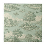 Pastoral Sage Green Toile Countryside Farm Scene 1 Ceramic Tile