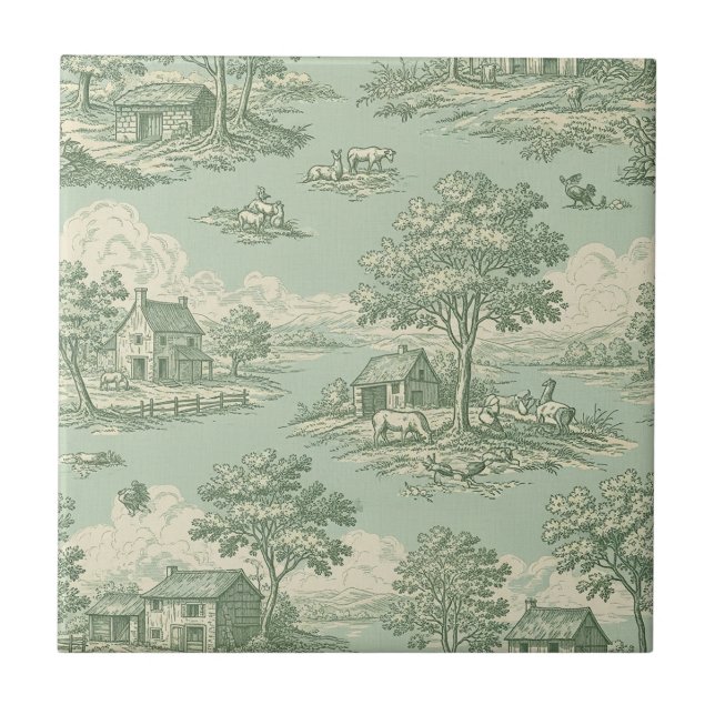 Pastoral Sage Green Toile Countryside Farm Scene 1 Ceramic Tile (Front)