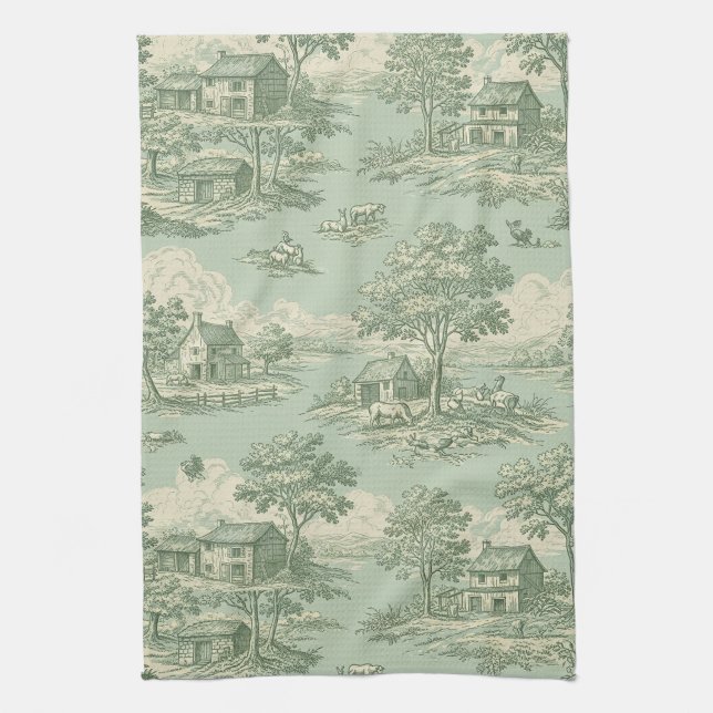 Pastoral Sage Green Toile Countryside Farm Scene 1 Kitchen Towel (Vertical)