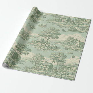 Pastoral Sage Green Toile Countryside Farm Scene 1 Wrapping Paper