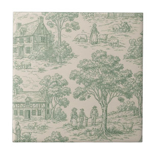 Pastoral Sage Green Toile Countryside Farm Scene 2 Ceramic Tile