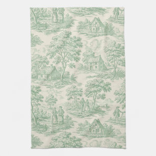 Pastoral Sage Green Toile Countryside Farm Scene 4 Kitchen Towel