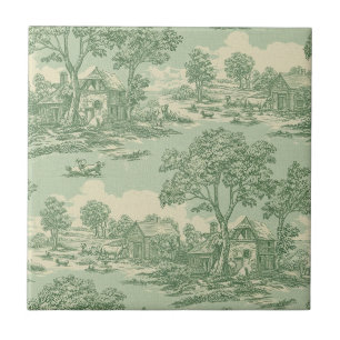Pastoral Sage Green Toile Countryside Farm Scene 6 Ceramic Tile
