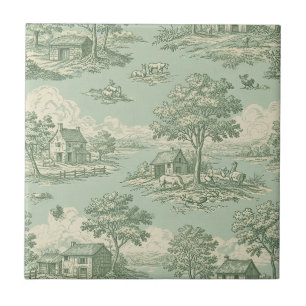 Pastoral Sage Green Toile Countryside Farm Scene Ceramic Tile