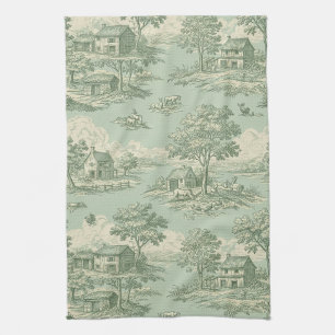 Pastoral Sage Green Toile Countryside Farm Scene Kitchen Towel