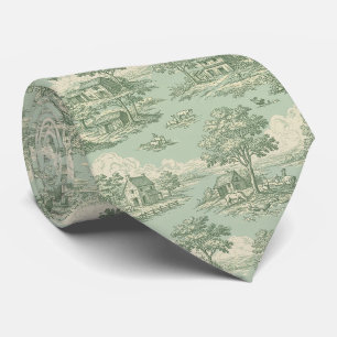 Pastoral Sage Green Toile Countryside Farm Scene Neck Tie