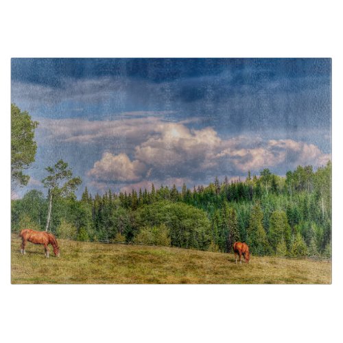 Pastoral Scene with Grazing Horses on a BC Ranch Cutting Board