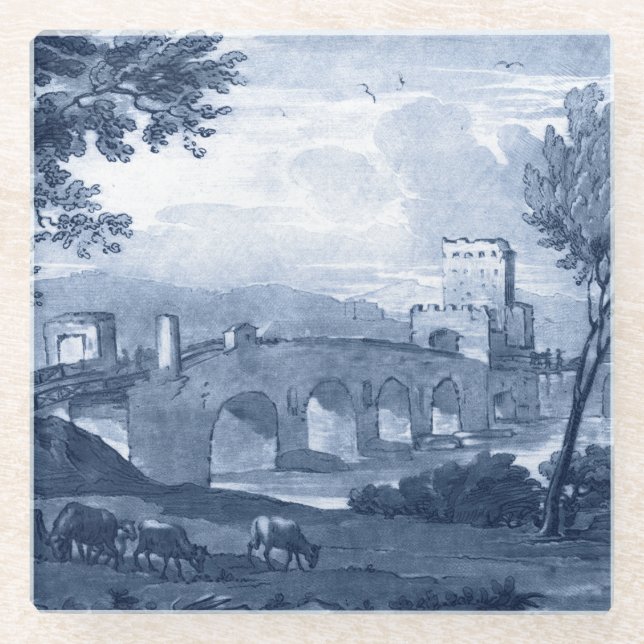 Pastoral Toile - Bridge Glass Coaster (Front)