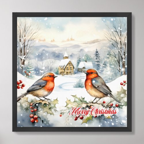 Pastoral watercolor Chrismtas scene two robins Framed Art